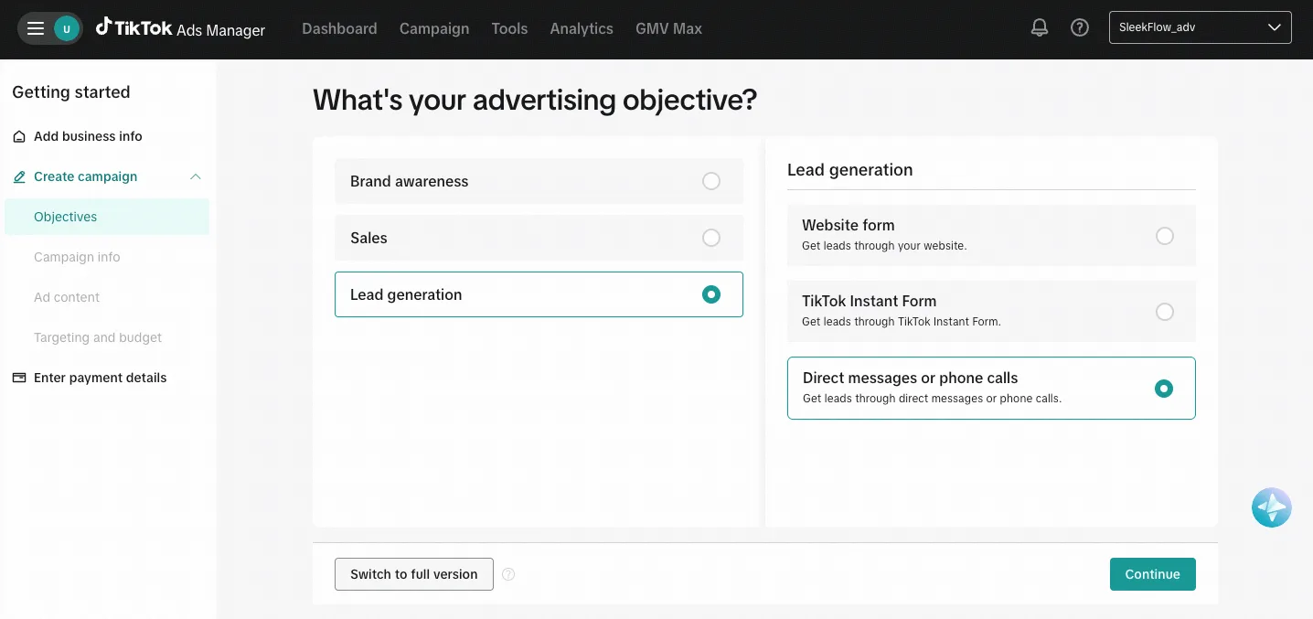 Step 1 how to create tiktok messaging ads
