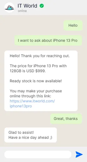 Iphone 13 Pro inquiry on WhatsApp Official