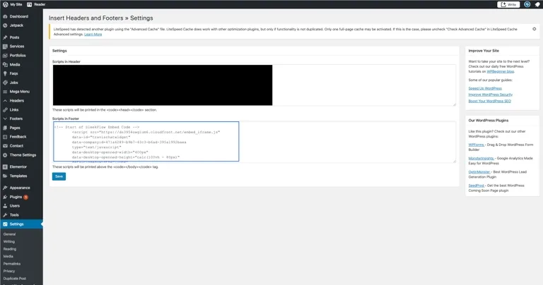 adding code using Insert Headers and Footers plugin 