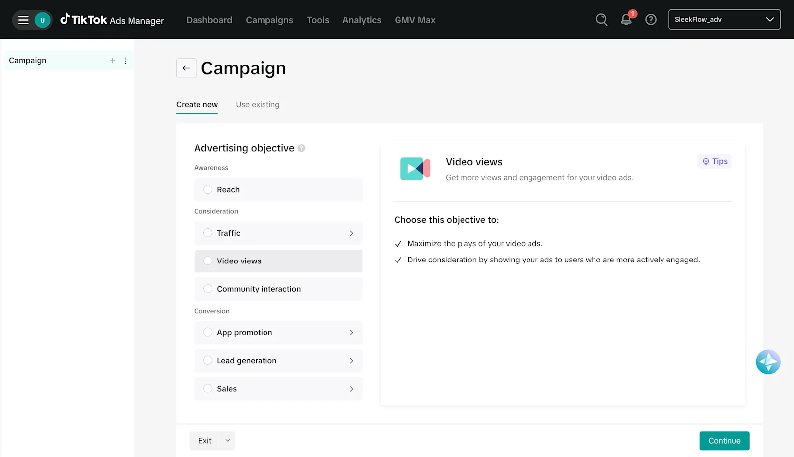 TikTok Ads Manager dashboard interface showing the campaign creation page