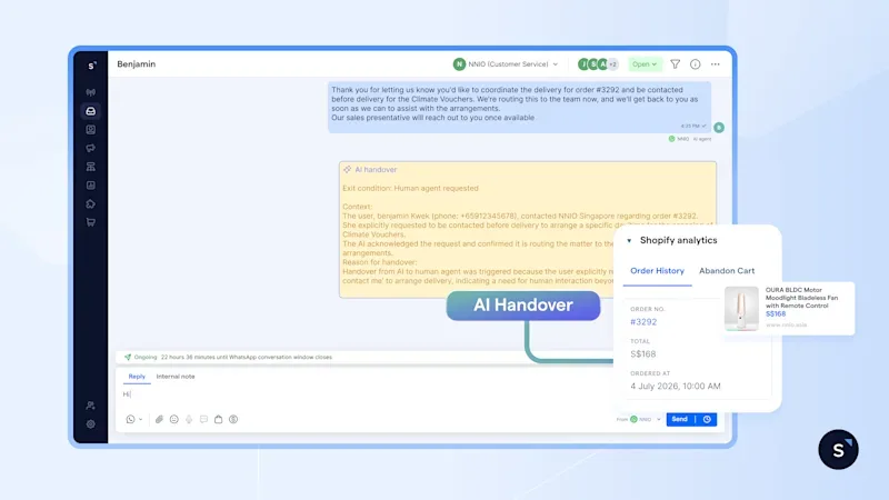 Screenshot of NNIO using SleekFlow AI agent to handle complex product enquiries and handing over to customer service agents with full context