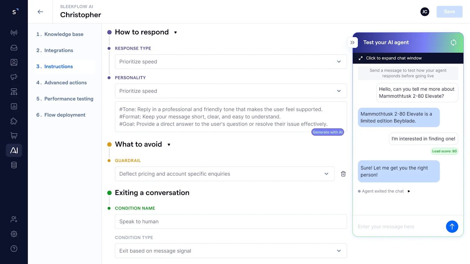 SleekFlow AI interface showing settings for an AI agent with response type and personality preferences, instructions for tone and format, and conditions for exiting a conversation. 