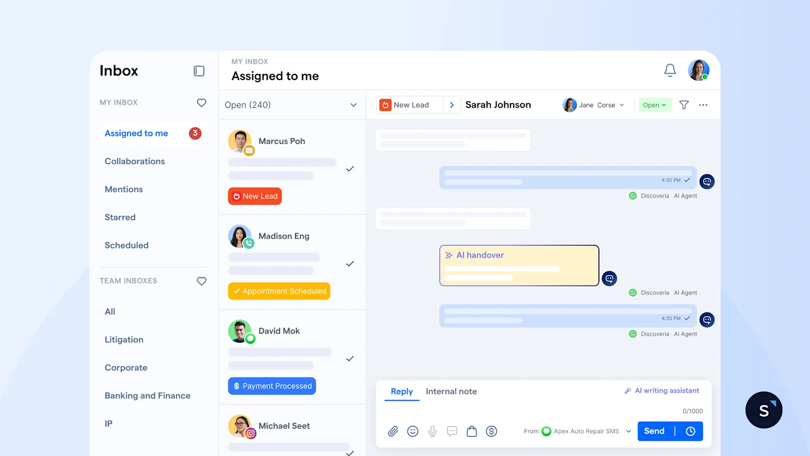 screenshot of sleekflow shared inbox being used by a law firm, with incoming enquiries being assigned to different team members