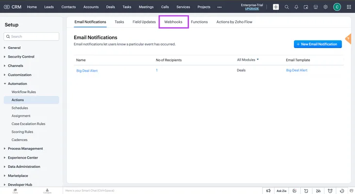 actions menu with tabs for email notifications and webhooks