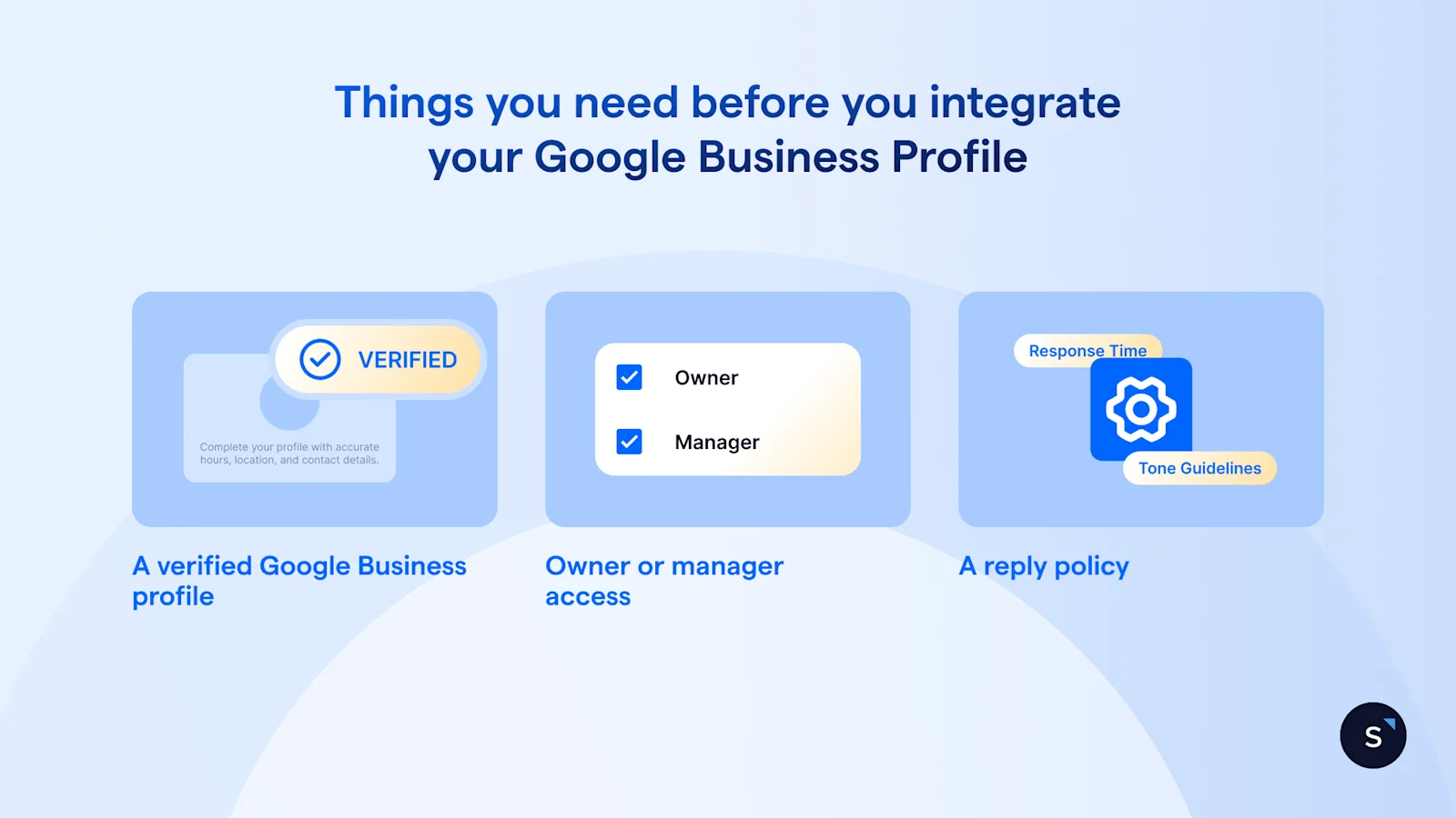 3 things you need before integrating Google Business Profile: a verified account, at least manager access, and a reply policy