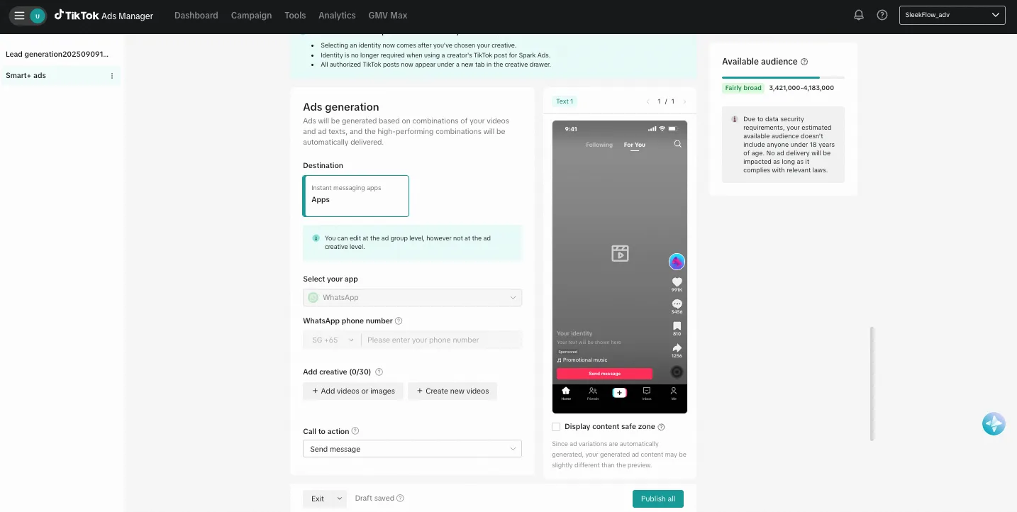 Step 5 how to create tiktok messaging ads