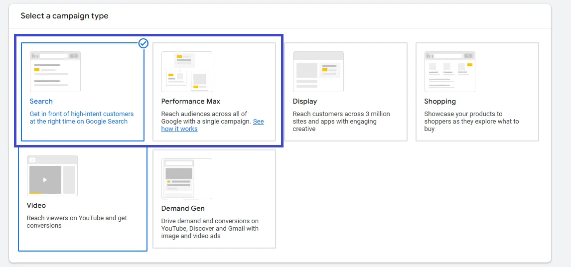 campaign type selection with options such as search, performance max, and video