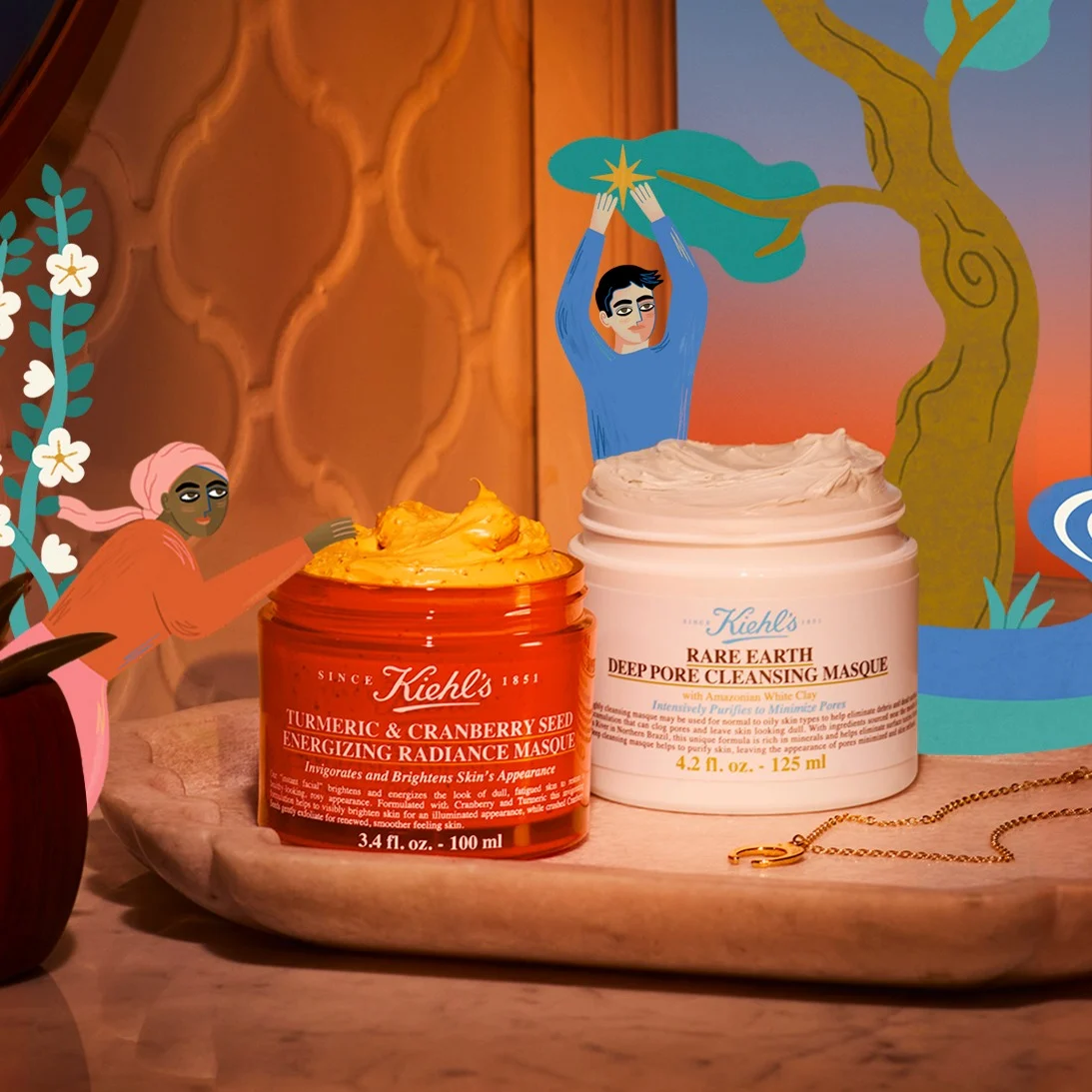 kiehl's masks with artistic animated illustrations