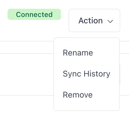 dropdown menu for connected account actions including rename, sync, remove