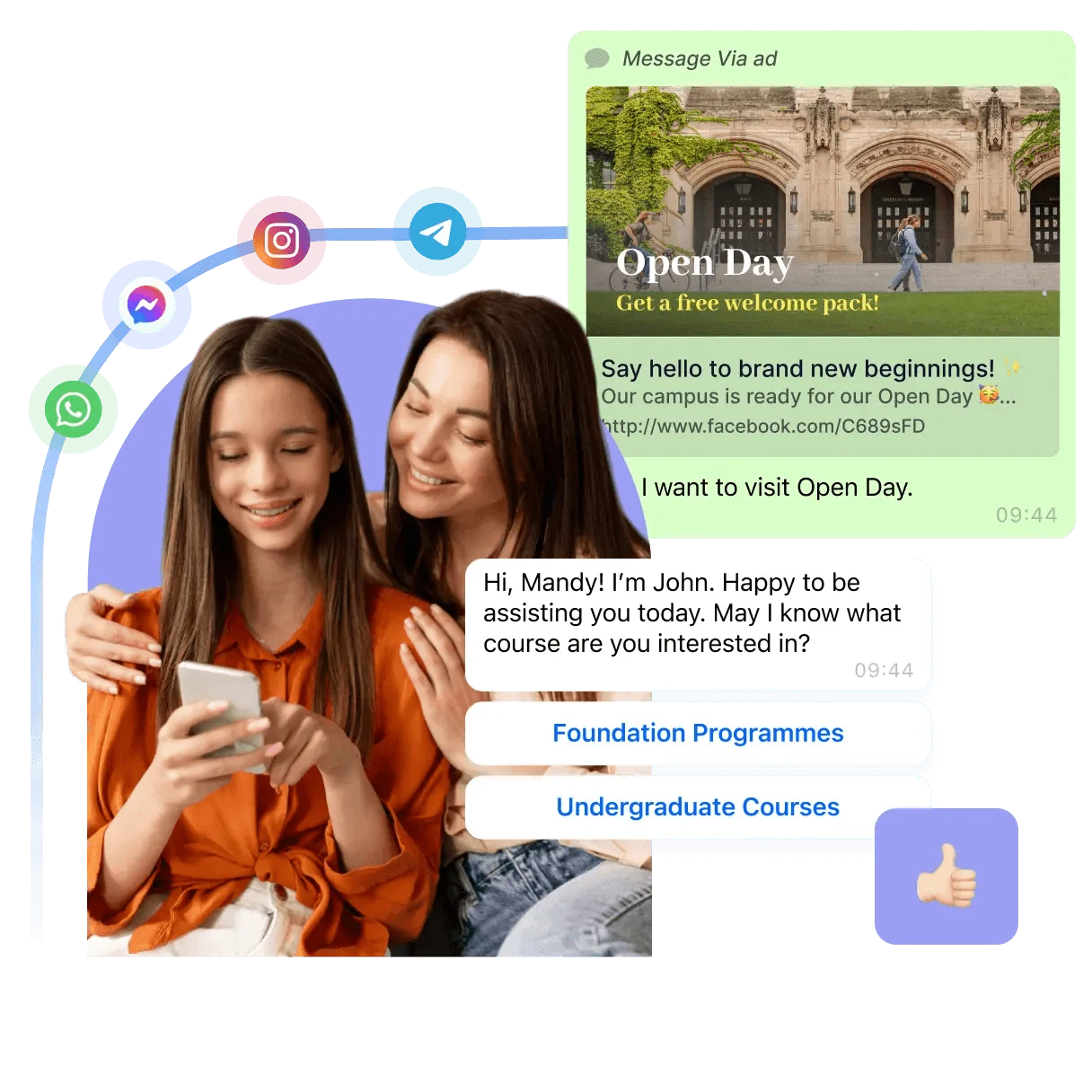 two women engaging with each other through social media on their devices inquiring about a college opening day
