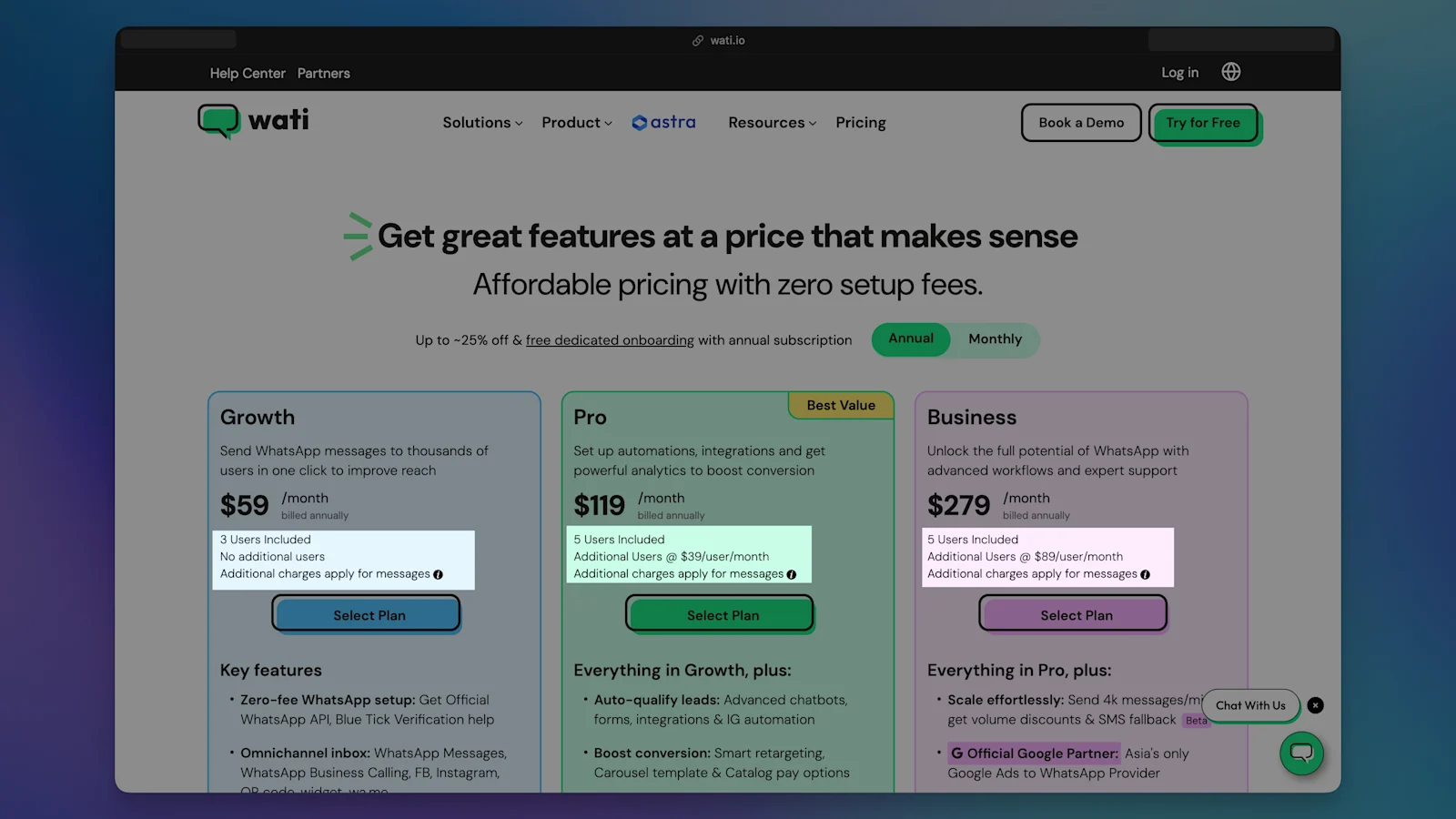 Screenshot of Wati's subscription tiers—Growth, Pro, and Business—noting the extra charges for additional users and messaging.