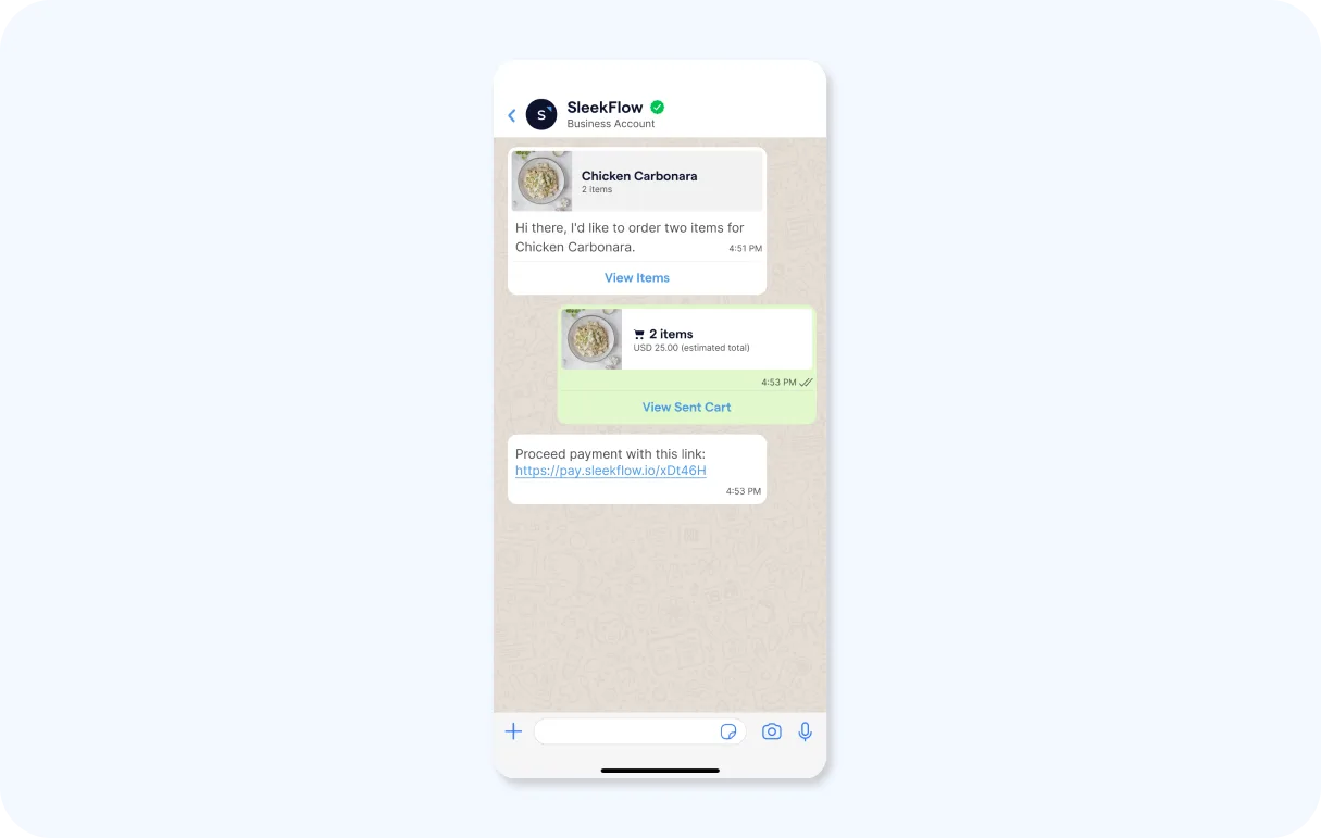 sleekflow chat displaying product payment link in whatsapp