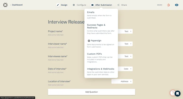 form design and after submission options displayed