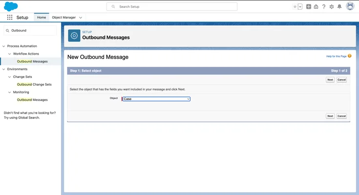 selecting object for new outbound message creation