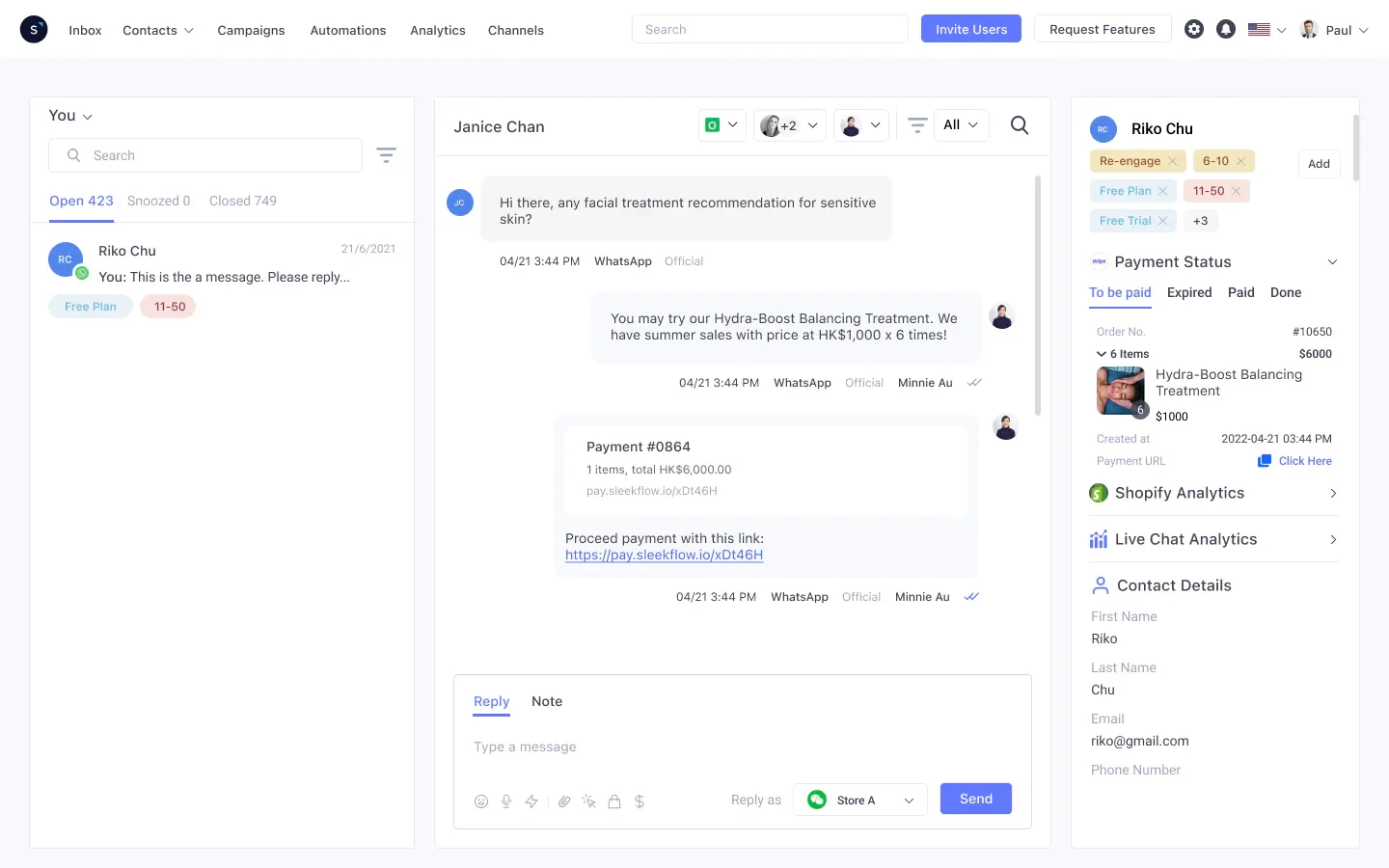 Posta in arrivo SleekFlow - funzione link di pagamento