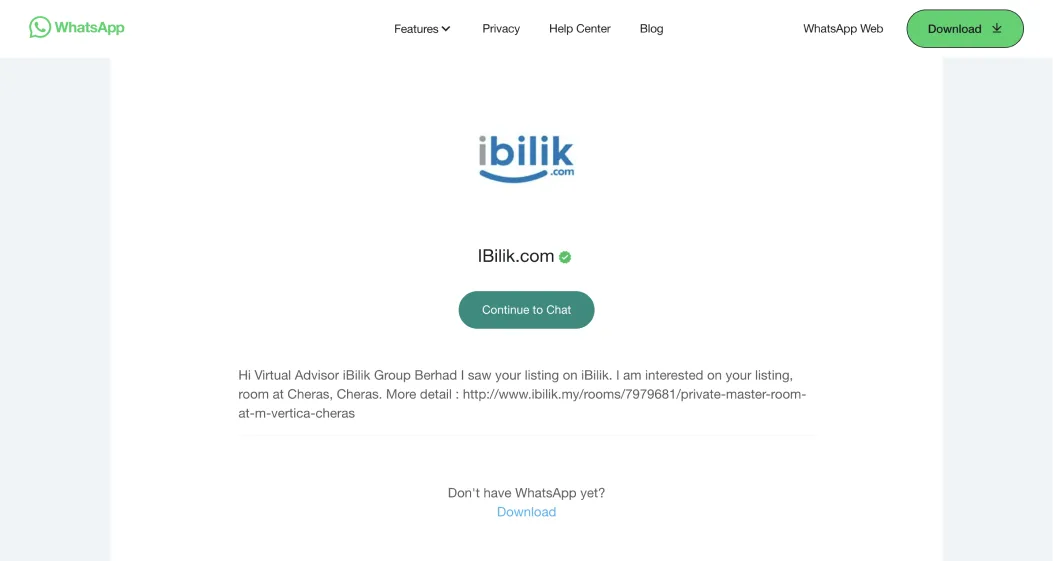 whatsapp chat page for ibilik room listing inquiry