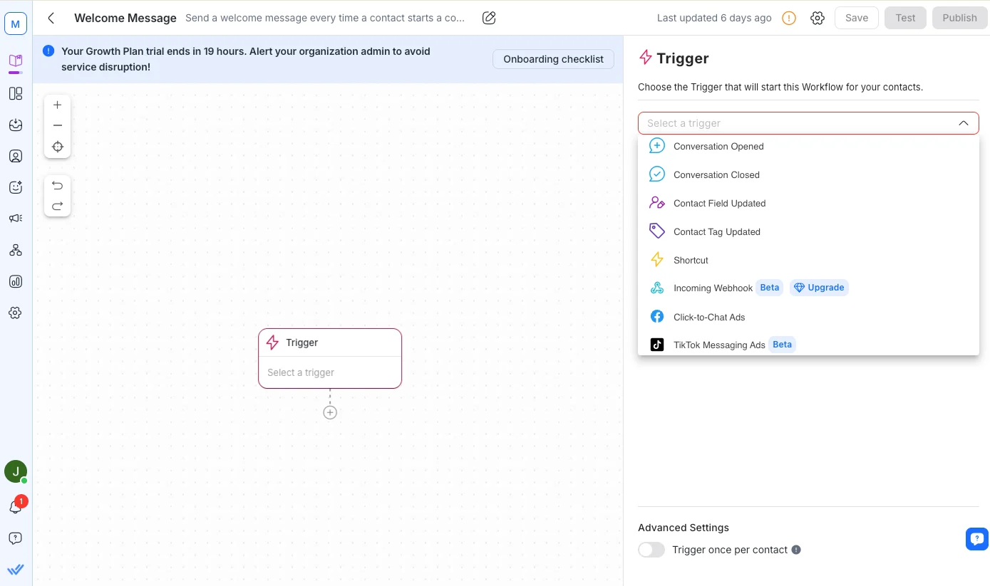 Respond.io's workflow builder lacks triggers from key business systems, including CRMs and e-commerce platforms. This limitation restricts its ability to automate the entire customer journey.