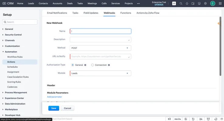 webhook setup form showing fields for name, url, and module.