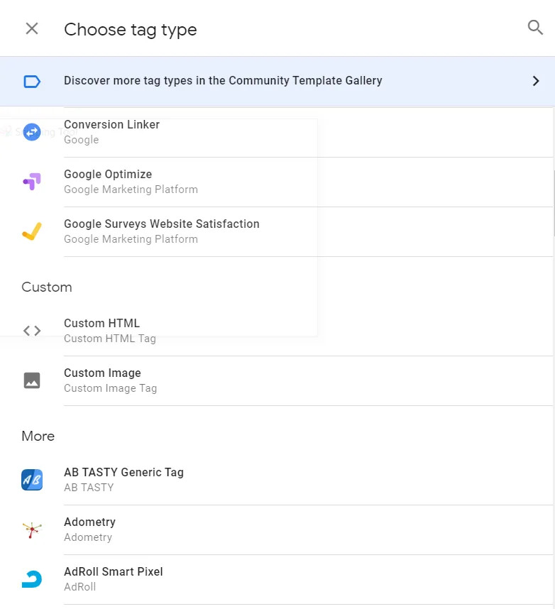 piliih tag type google tag manager