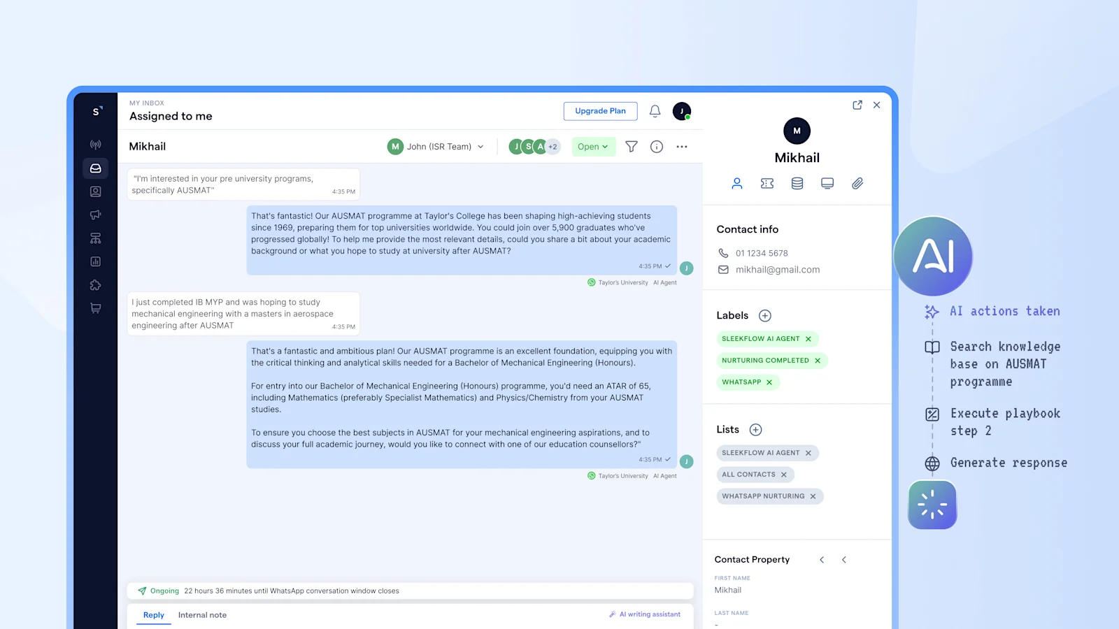 Screenshot of Taylor's University's conversation with a student on SleekFlow where AI Agent generates accurate replies based on knowledge base and playbook
