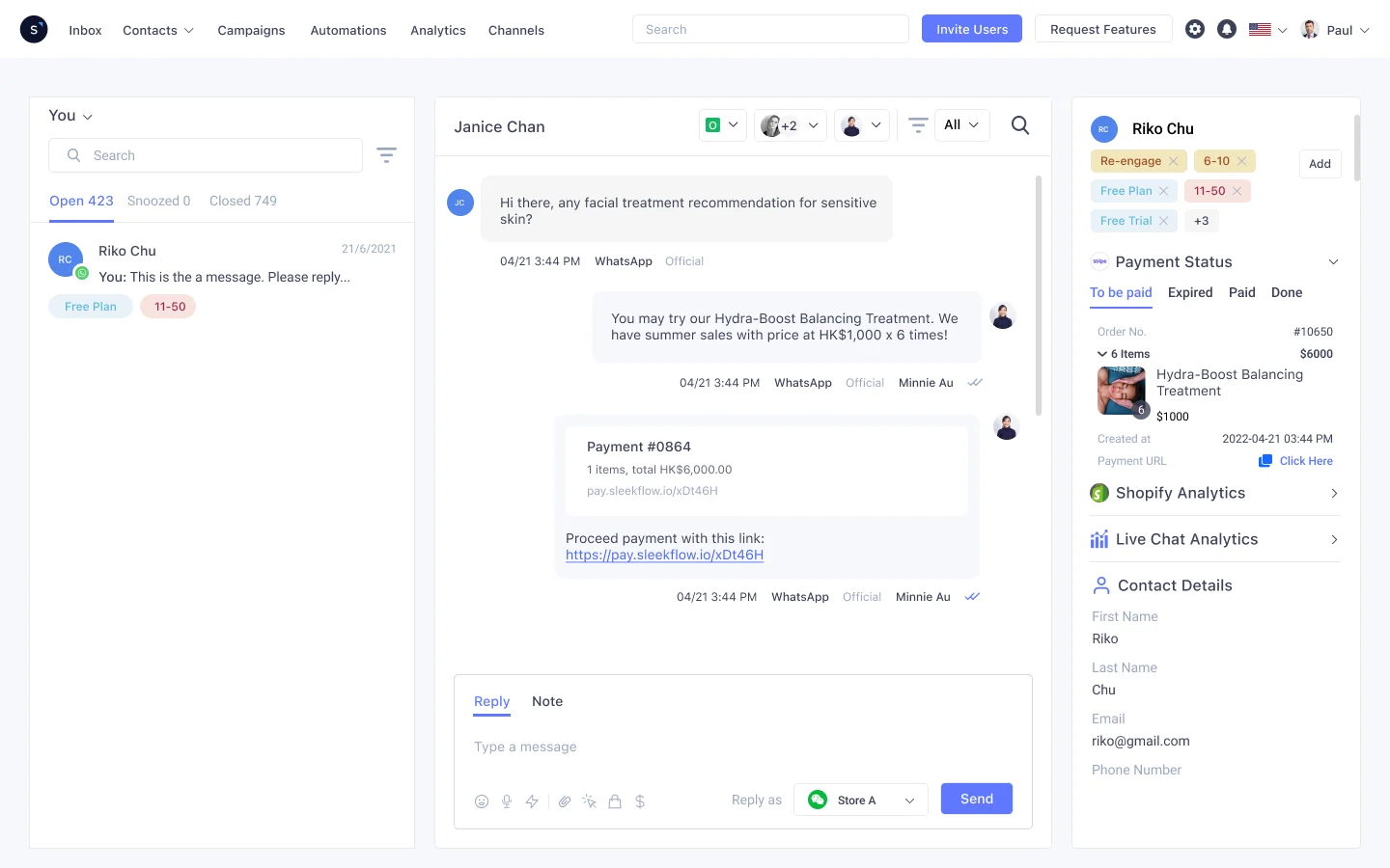 Bandeja de entrada de SleekFlow - Función de enlace de pago