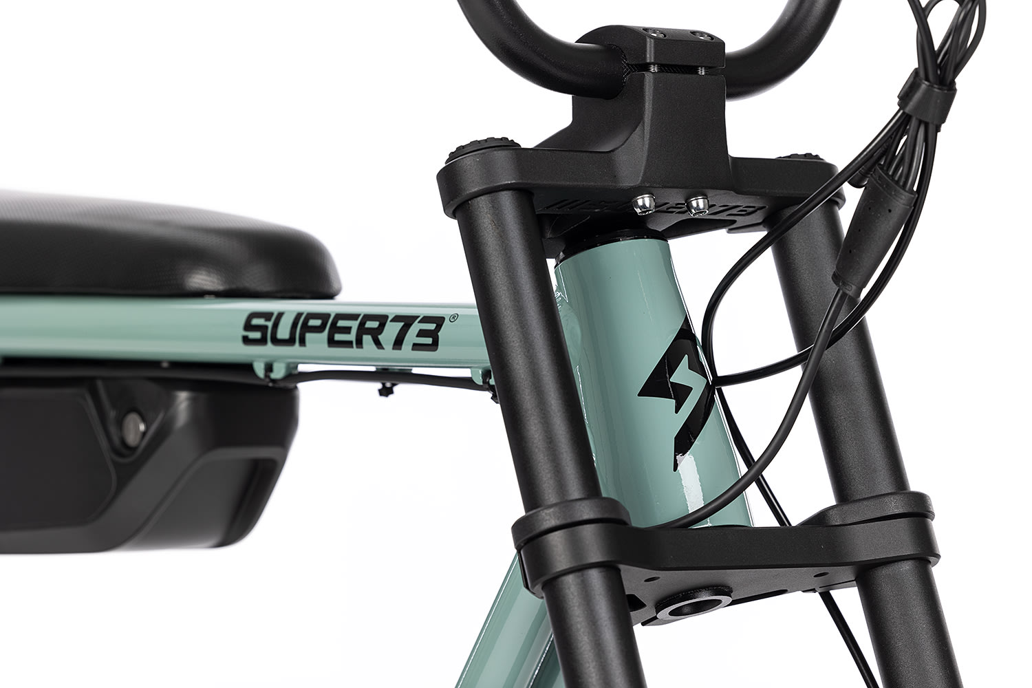 Front detail view of SUPER73-ZX frame head tube in Agave Green.