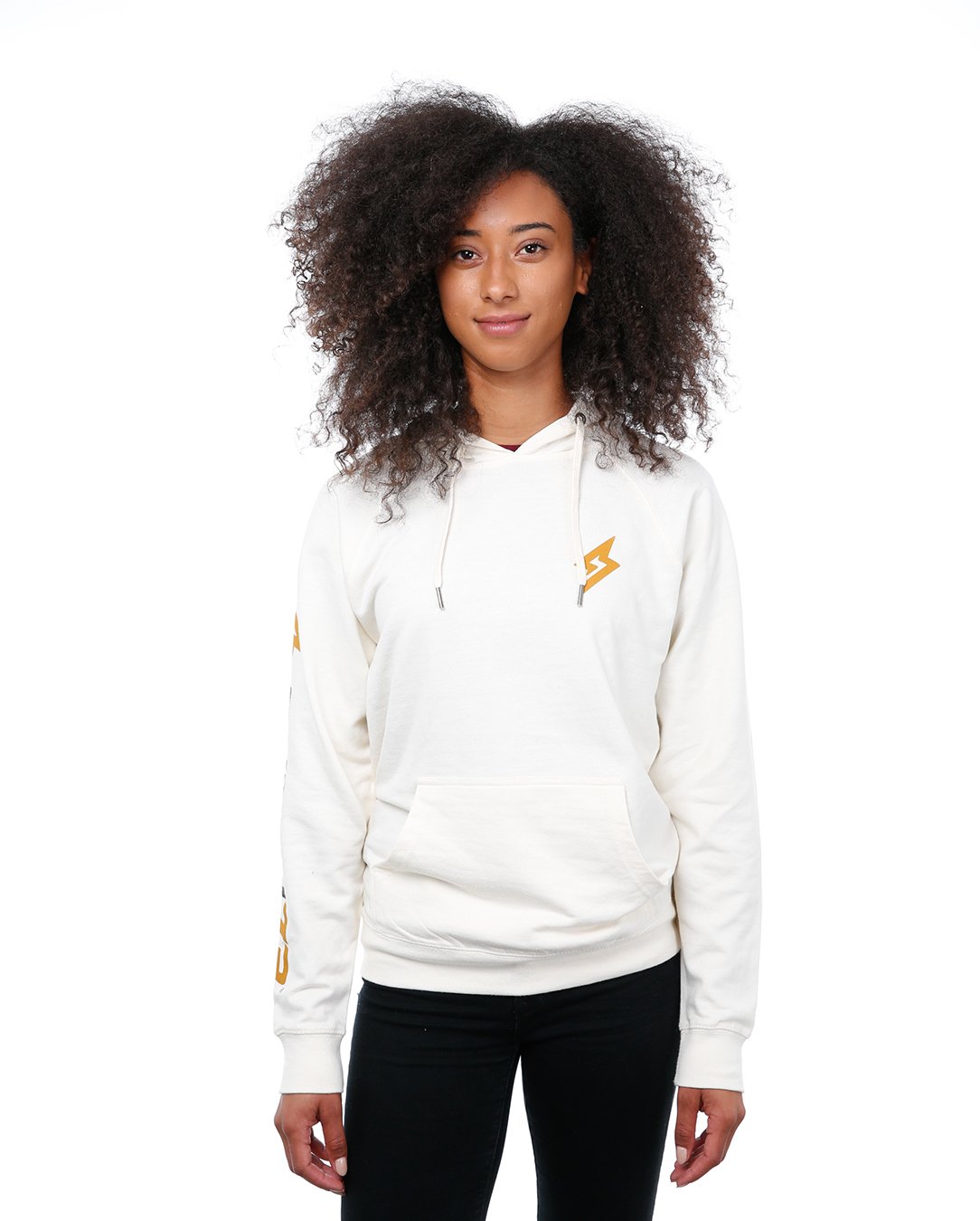 Front view of female model in Diamond stone hoodie on white background.