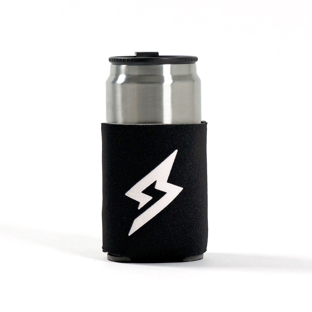 Black koozie featuring a white screen printed lightning bolt logo holding a can.