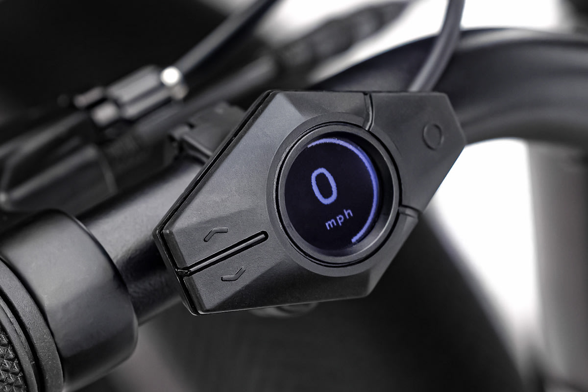 Close-up of the bicycle speed display on the handlebars