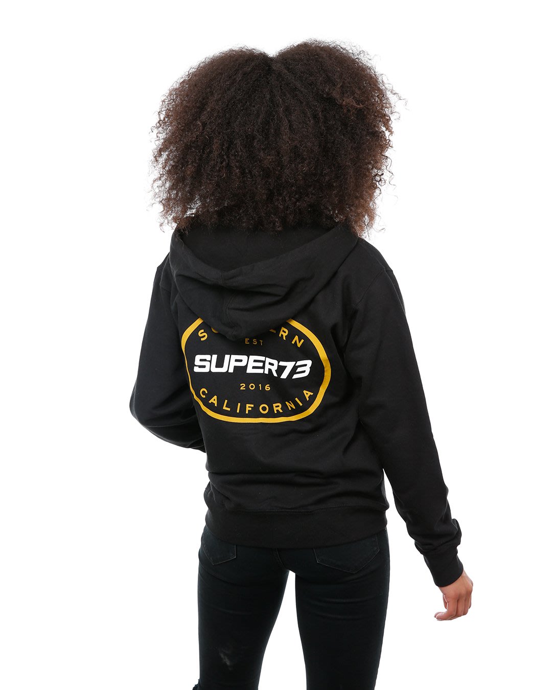 Reverse view of model Oval Zip Up hoodie on white background