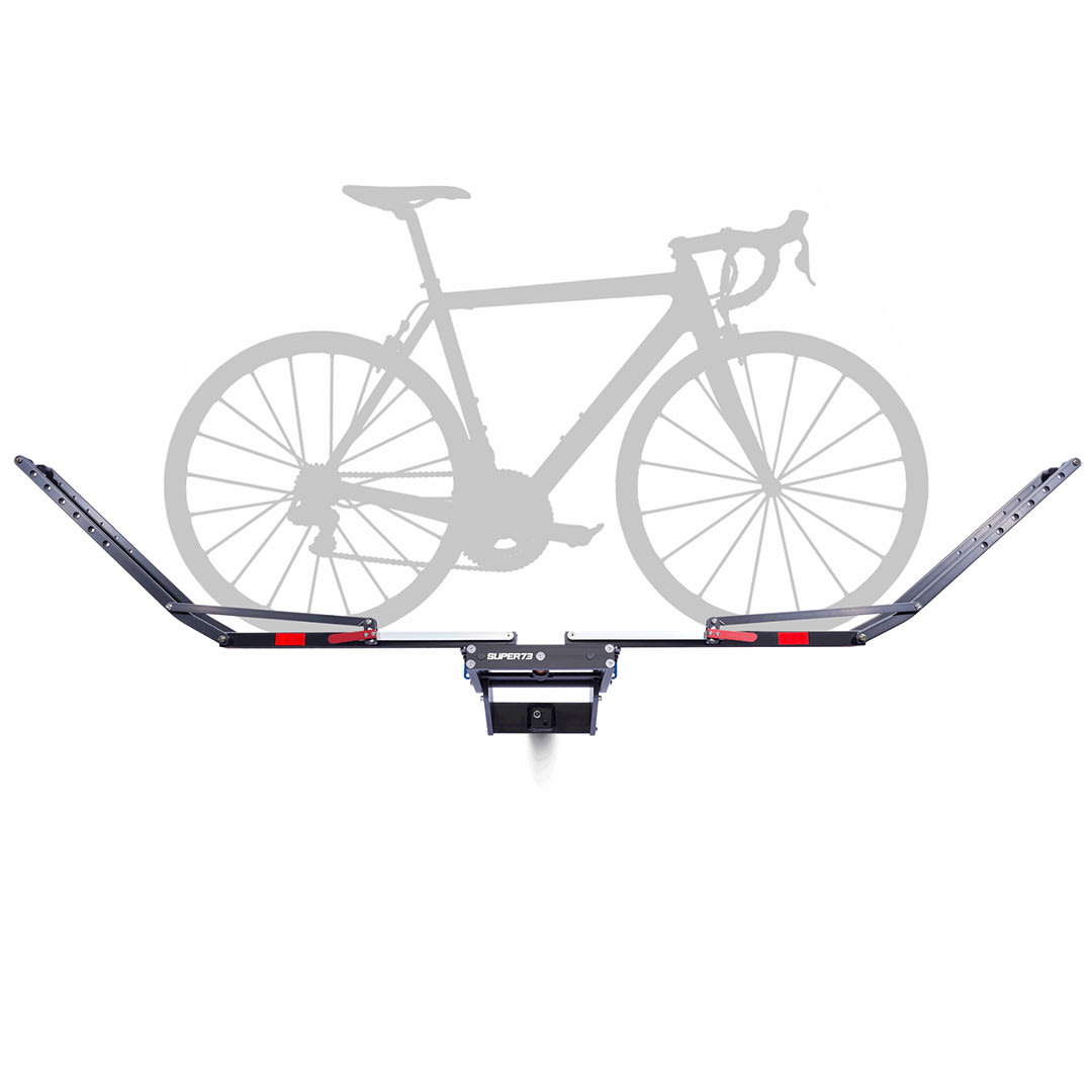 Full view of 1UP USA X SUPER73 Bike Rack (with Fat Tire Spacer) with bike on it.