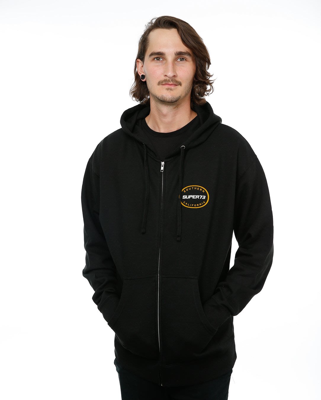 Front view of male model Oval Zip Up hoodie on white background 