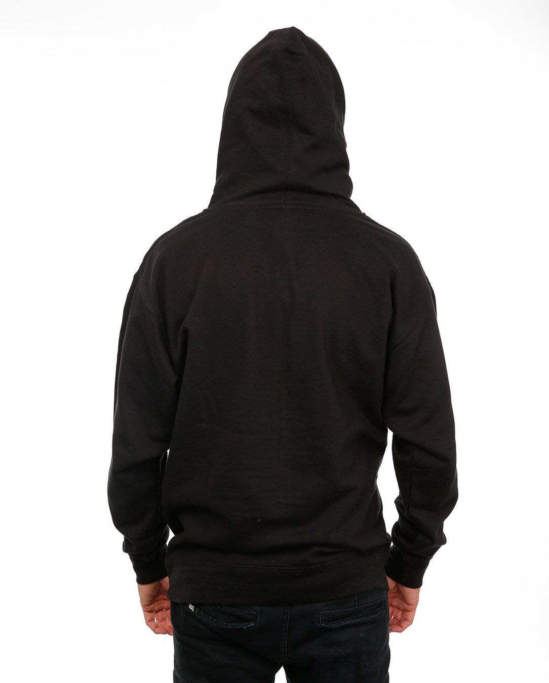 Back view of male model in Icon hoodie on white background.