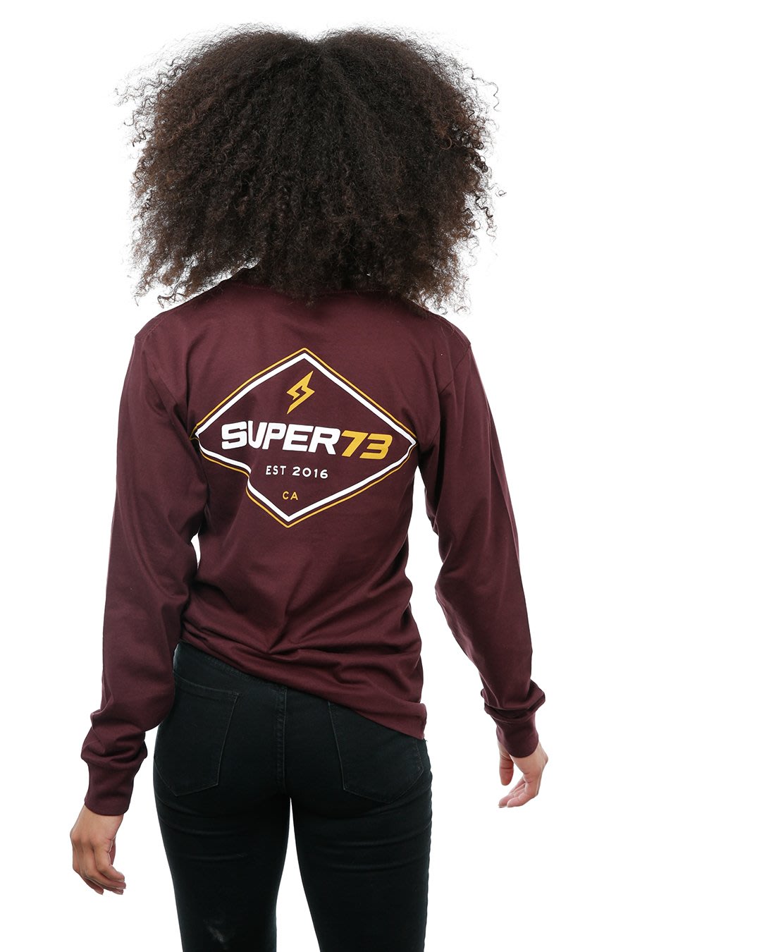 Back view of female model in Wine Colored Diamond Stone Long Sleeve T-Shirt on white background.