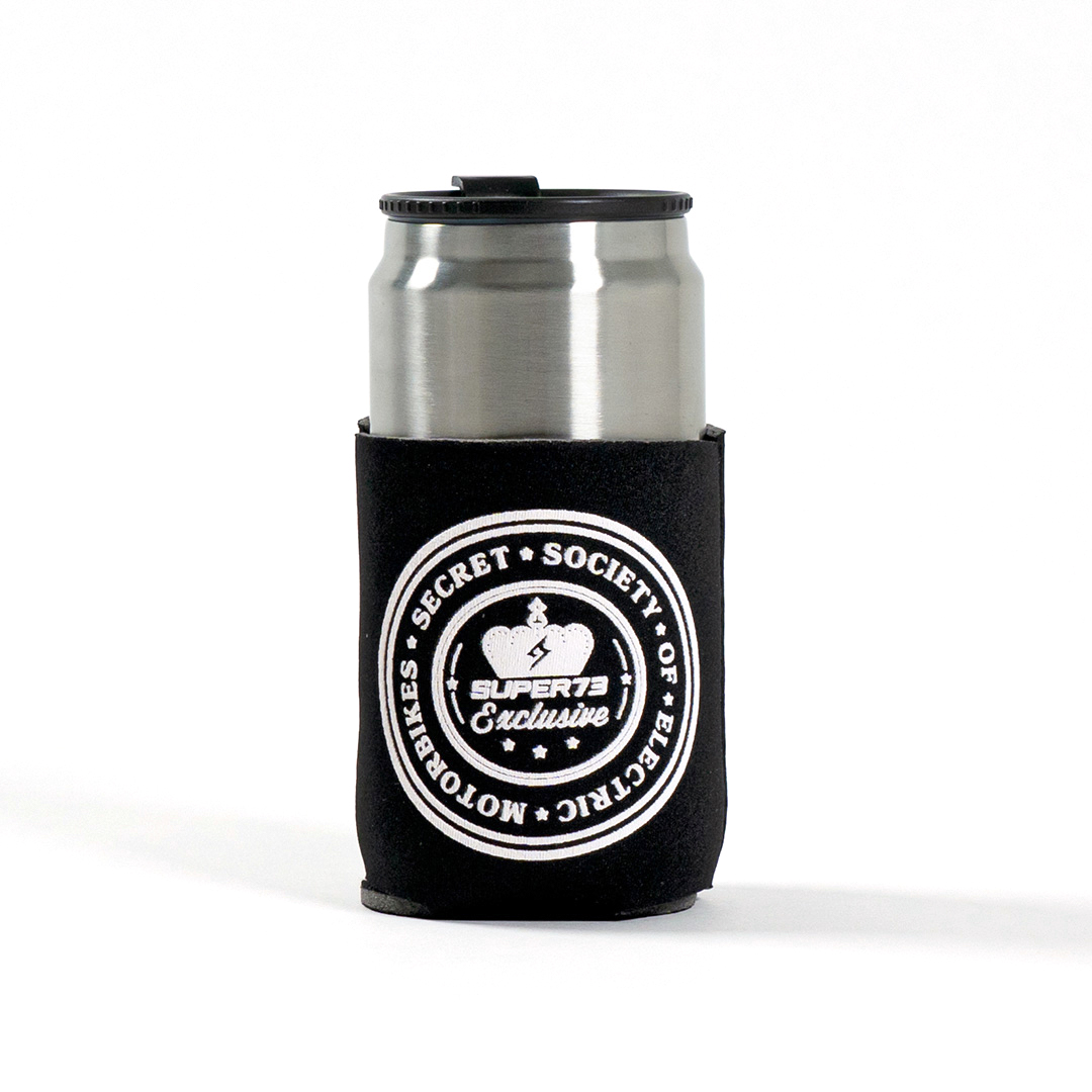 Black koozie featuring a white screen printed secret society logo holding a can.