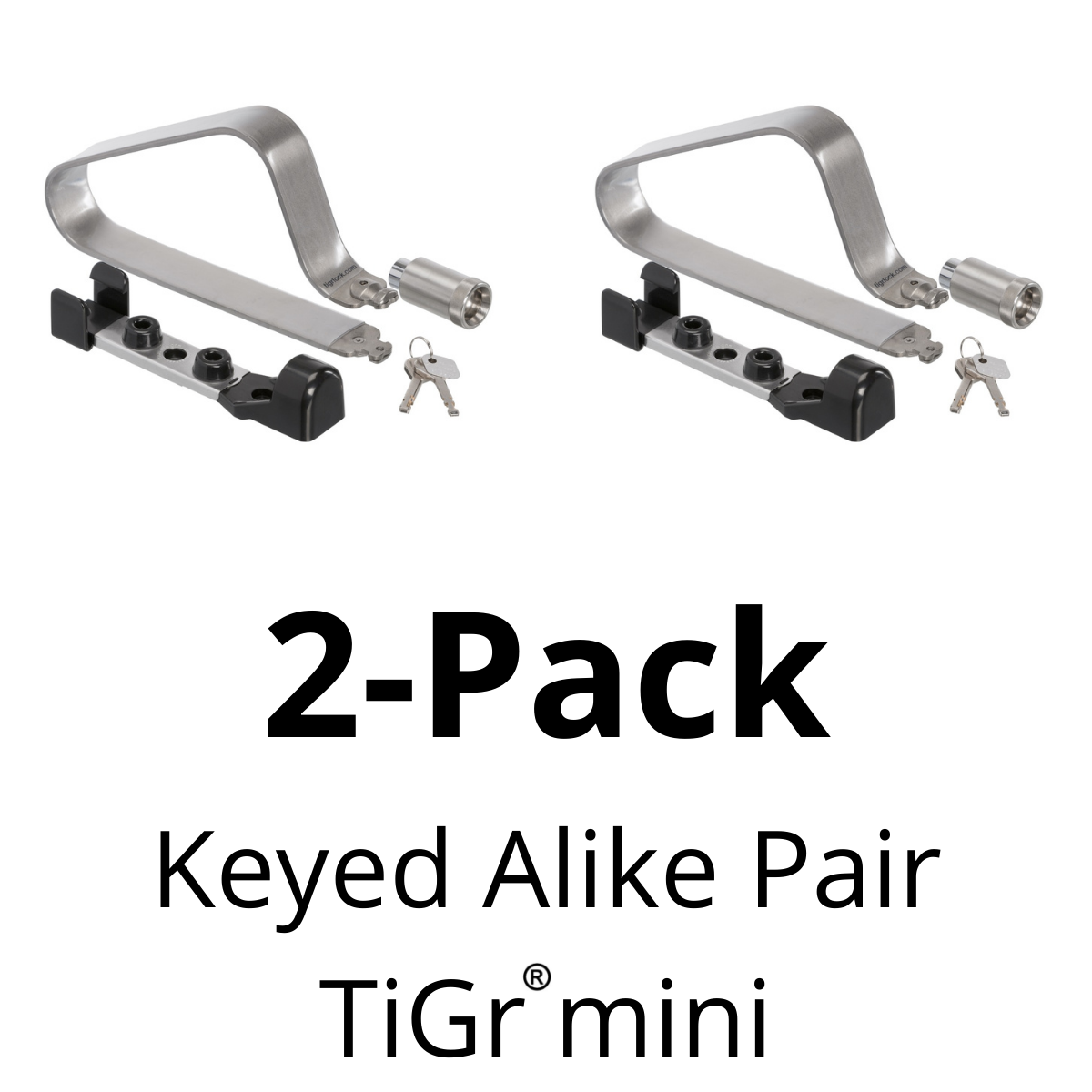 2-Pack of Keyed Alike Pair TiGr Mini Bike Locks on white background.