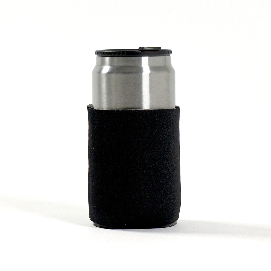Black koozie featuring a white screen printed lightning bolt logo holding a can.