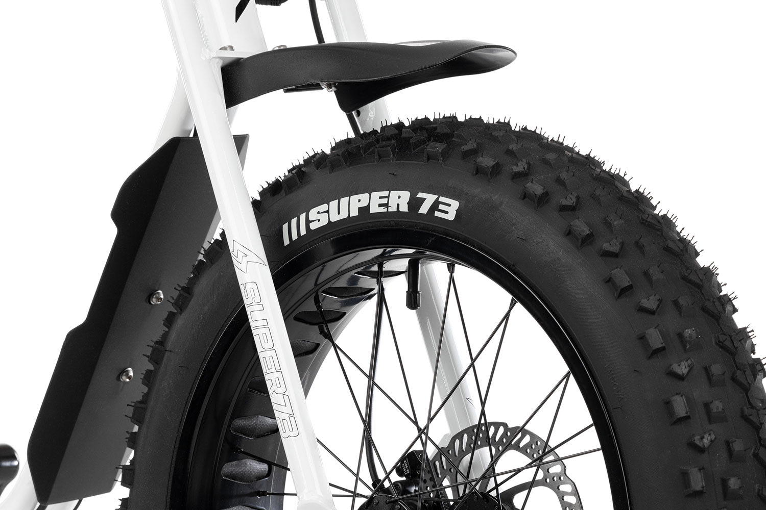 Closeup of the Super73-S1 in white front fender