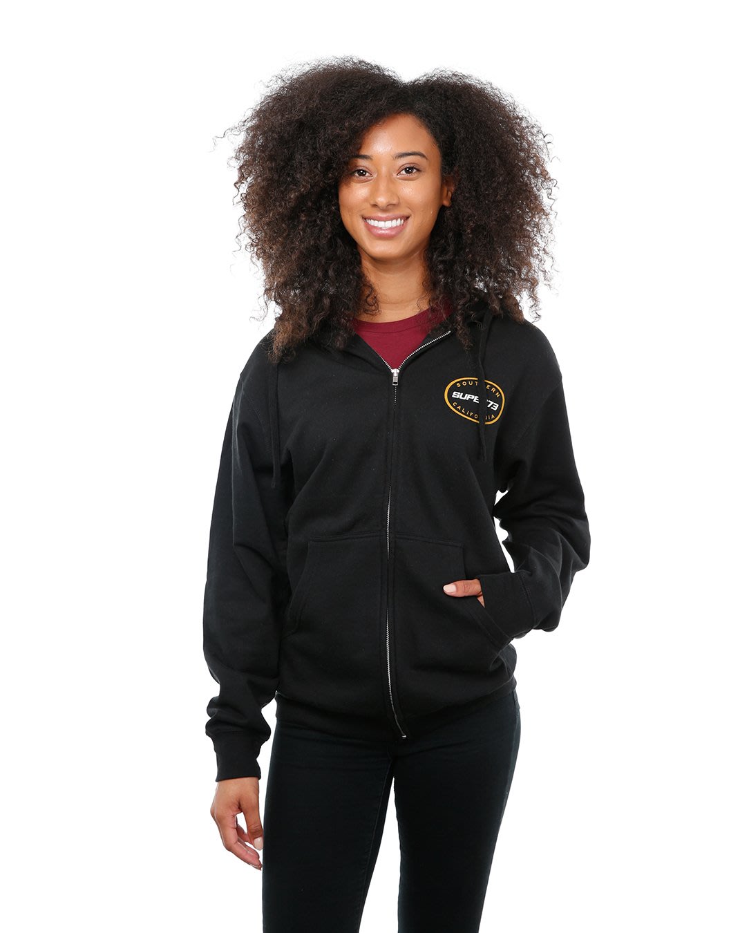 Front view of model Oval Zip Up hoodie on white background 