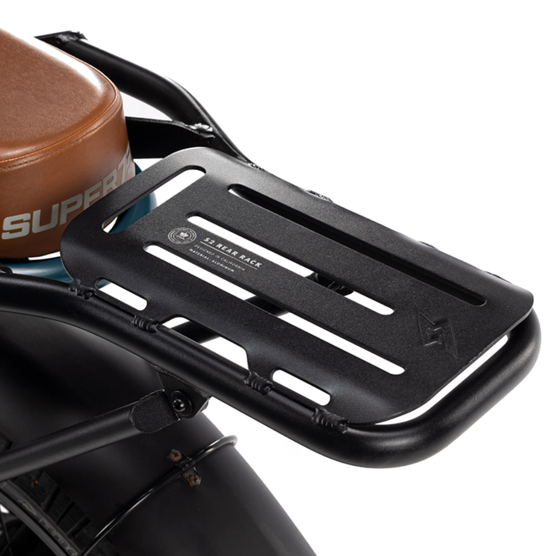 Side view of Super73 S2 Rear Rack on bike with white background.