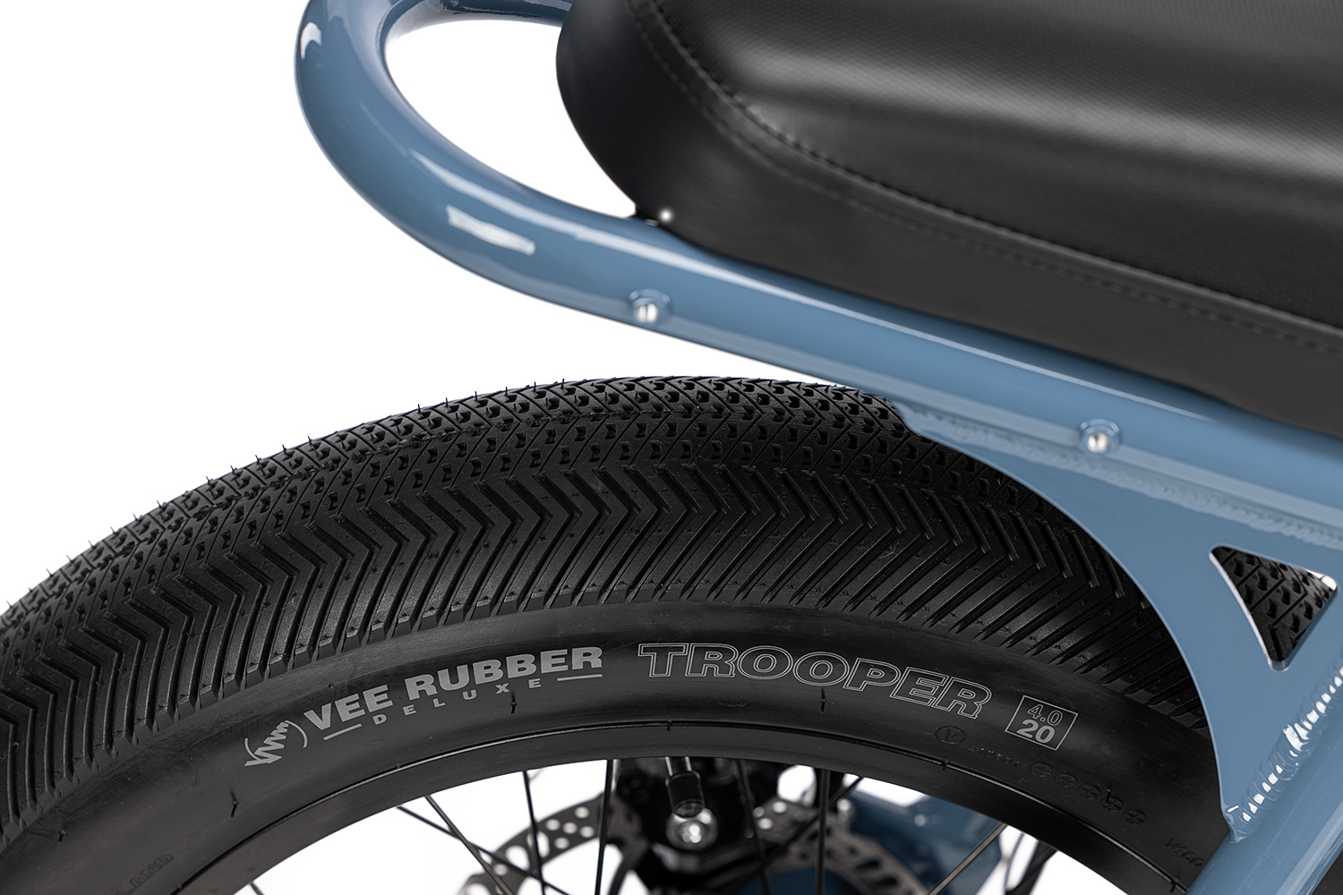 Closeup of the Super73-Z Miami in Panthro Blue seat and tires