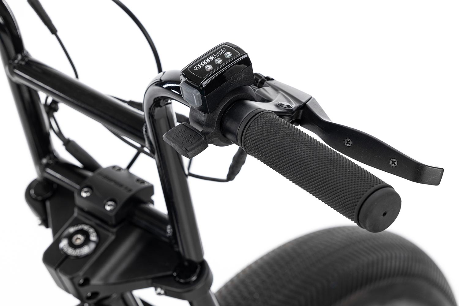 Closeup of the Super73-Z1 in Black of grips and handle brake.