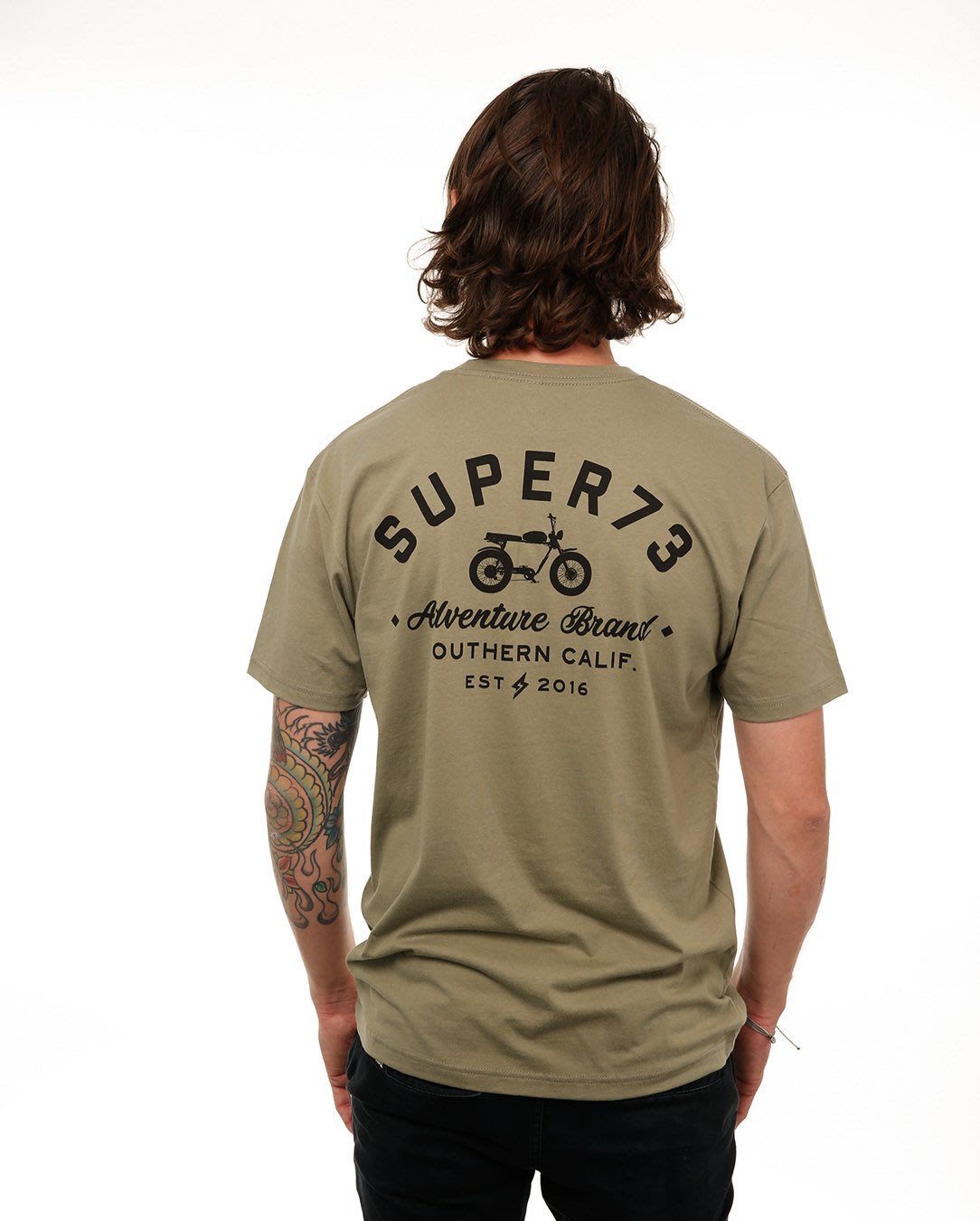 Back view of male model in Light olive Adventure Short Sleeve T-Shirt on white background.