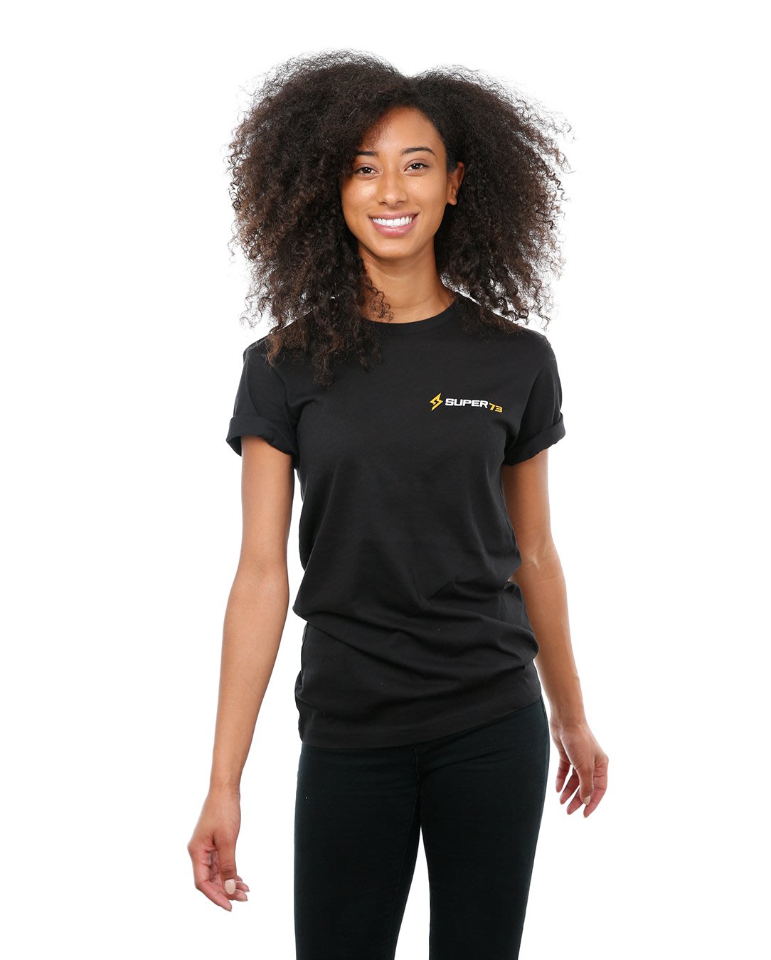 Front view of female model in Black Diamond Stone Short Sleeve T-Shirt on white background.