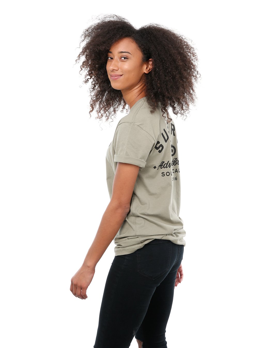 Side view of female model in Light olive Adventure Short Sleeve T-Shirt on white background.