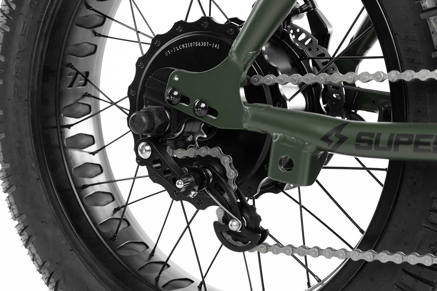 Closeup view of the Super73-R Olive Drab wheel hub and chain