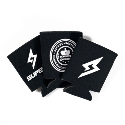 Top view of 3 Super73 branded koozies in black with with the Super73 lightning bolt logo.