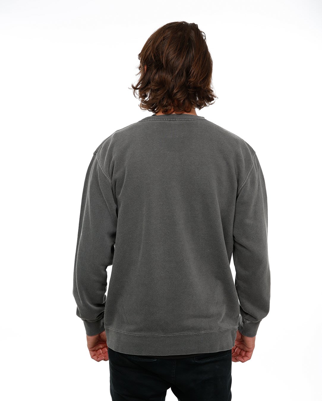 Back view of male model in Pigment Black Classic Crew Sweatshirt on white background.