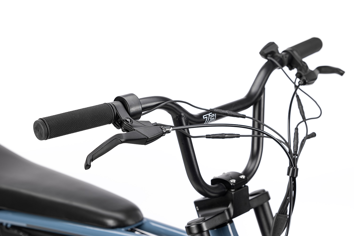 Closeup of the Super73-Z Miami in Panthro Blue handlebars