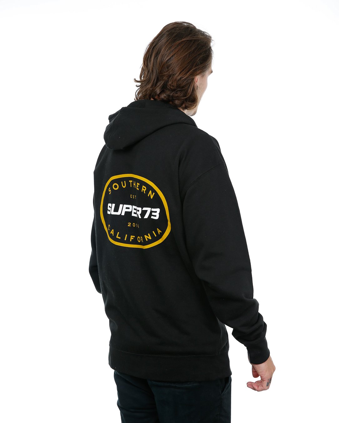 Back view of male model Oval Zip Up hoodie on white background 